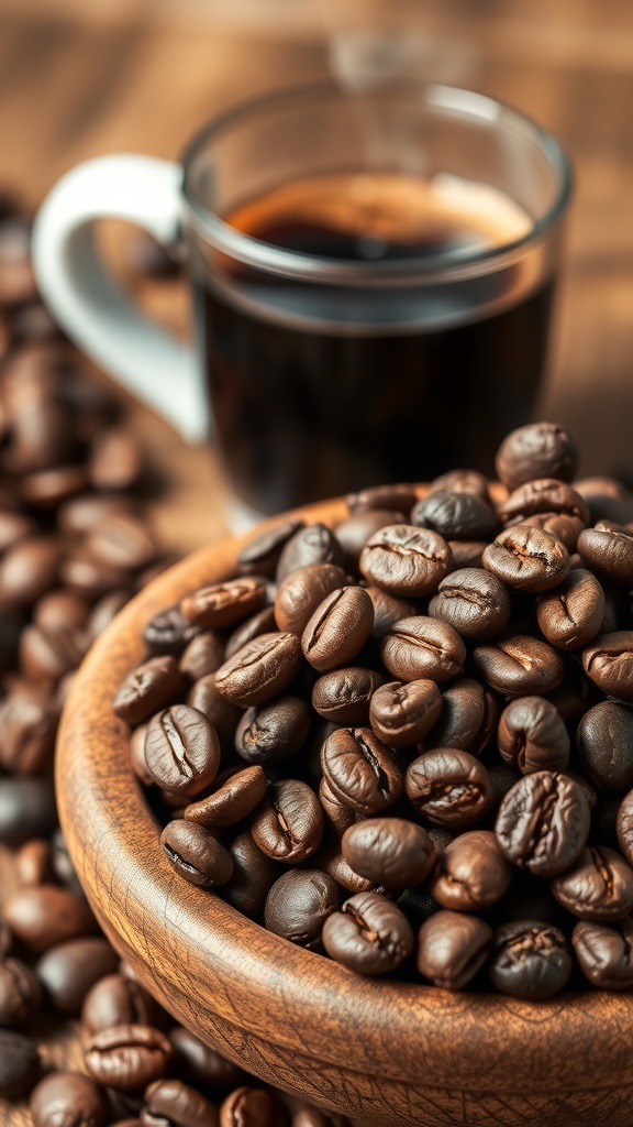Air Fryer Roasted Coffee Beans Recipe Freshly roasted coffee beans in a wooden bowl with a steaming cup of coffee in the background.